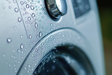 Close up view of water droplets on modern front loading washing machine Generative AI
