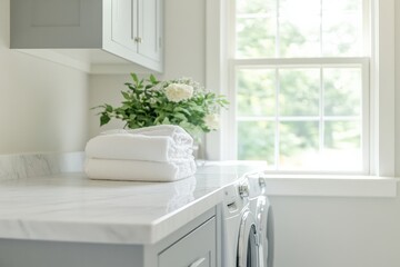 Modern grey and white laundry room with neatly stacked towels Generative AI