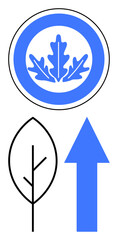 Circular oak leaf emblem, bold upward arrow, and minimal black leaf outline. Ideal for nature, sustainability, eco-friendliness, growth, environment progress eco-goals. Flat simple metaphor
