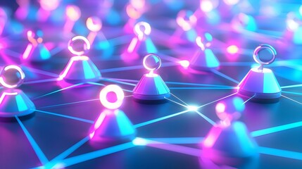 Abstract network connection concept. Glowing nodes represent people connected in a vibrant, futuristic network. Ideal for technology, social media, and communication themes.