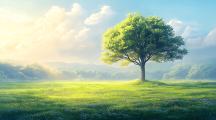 Fototapeta premium single tree in large field of grass