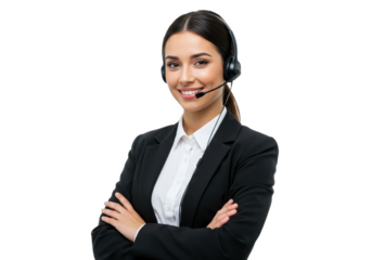A professional customer service representative wearing headphones, smiling with her arms crossed isolated on White background