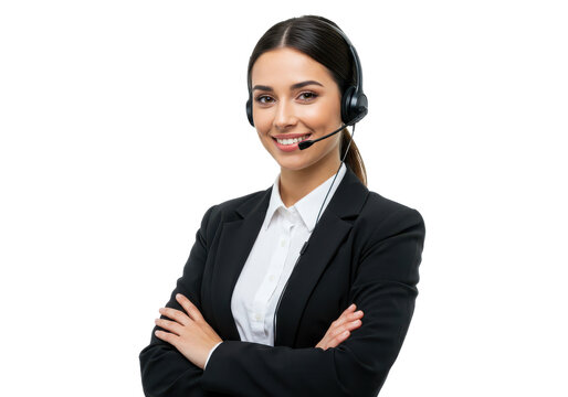 A professional customer service representative wearing headphones, smiling with her arms crossed isolated on White background