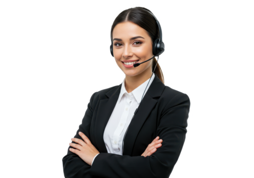 A professional customer service representative wearing headphones, smiling with her arms crossed isolated on White background