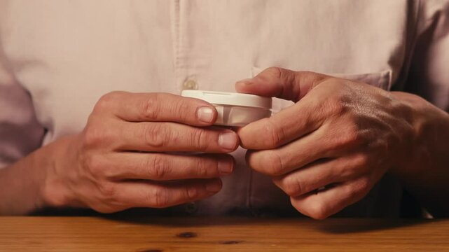 Snus nicotine tobacco close up, pack of tobacco for gum. unhealthy addiction. Man opening box with snus and taking one. 