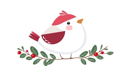 Red Bird Perched on Berry Branch for Christmas