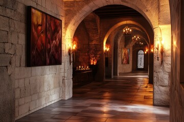 Fototapeta premium Medieval Stone Corridor with Artistic Wall Decor and Candlelight