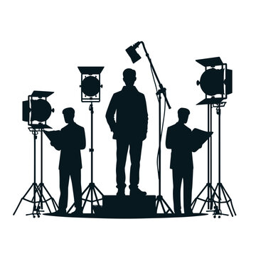 Crewmen setting up studio lights film set.
