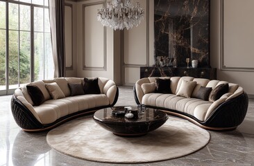 Fototapeta premium Luxurious curved sectional sofas in a grand living room with marble accents