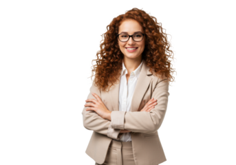 A confident businesswoman with curly hair, wearing a beige suit, arms crossed, smiling isolated on White background