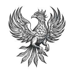 Obraz premium Detailed Woodcut Illustration of a Majestic Phoenix with Wings