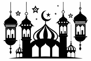 islamic eid lanterns line art silhouette vector illustration