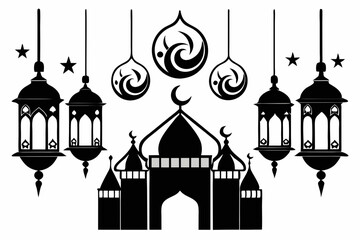 islamic eid lanterns line art silhouette vector illustration