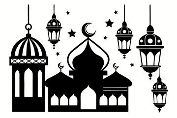 islamic eid lanterns line art silhouette vector illustration