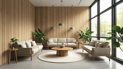 Modern Wooden Living Room with Plants and Large Windows