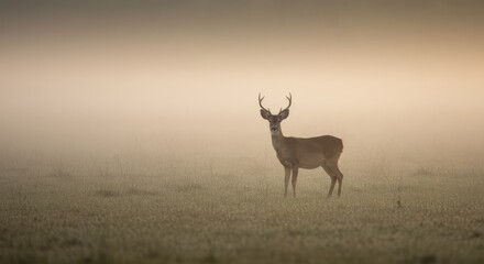 Naklejka premium Majestic deer standing in a misty field at dawn, serene atmosphere