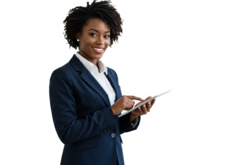 Professional businesswoman in a navy suit holding a tablet, smiling confidently isolated on White background