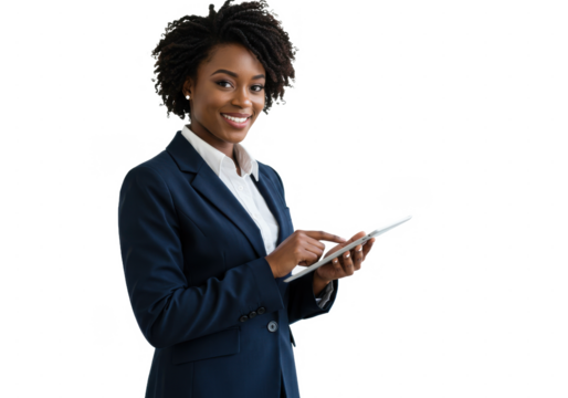 Professional businesswoman in a navy suit holding a tablet, smiling confidently isolated on White background