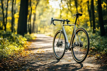 Fototapeta premium Bike parked along a forest trail The sun filters through autumn leaves overhead