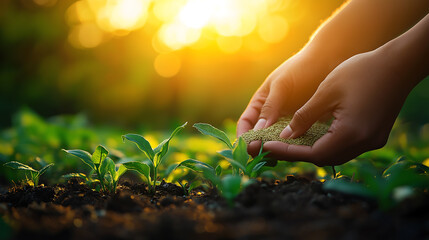 Fototapeta premium farmer planting seeds in field, background for environment, generative ai