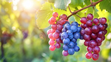 A bunch of grapes hanging from a vine in an orchard, with sunlight shining on them and green leaves