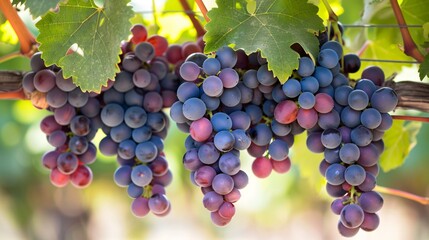 Fototapeta premium A bunch of grapes hanging from a vine in an orchard, with sunlight shining on them and green leaves