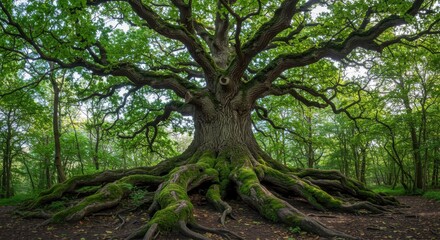 Obraz premium Majestic ancient tree with sprawling roots in a lush forest setting