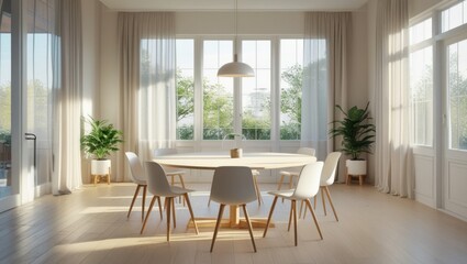 Sun-drenched dining room with large windows