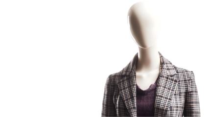 The image shows a mannequin wearing a plaid blazer and a purple ribbed top, set against a black background.