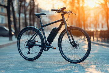 Fototapeta premium Modern electric bicycle on a city street bathed in sunlight sleek and sustainable