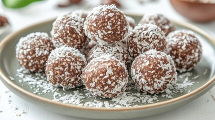 Appetizing homemade date energy balls covered with coconut flakes on a plate