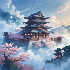 Obraz premium A stunning ancient temple sits atop a mountainous region, enveloped in soft clouds and vibrant cherry blossoms. The early morning light casts a serene glow over the scene, enhancing its tranquility