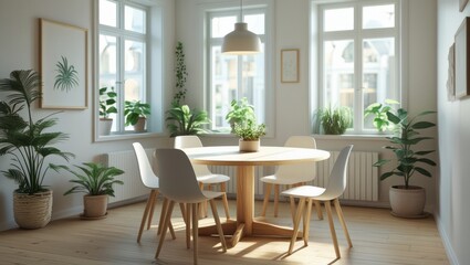 Sunny, modern dining room with plants (1)