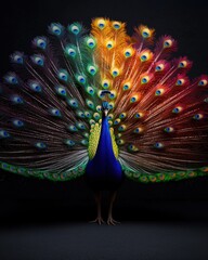Obraz premium Vibrant Peacock Displays Stunning Colorful Feathers Against Dark Background, Wildlife Beauty