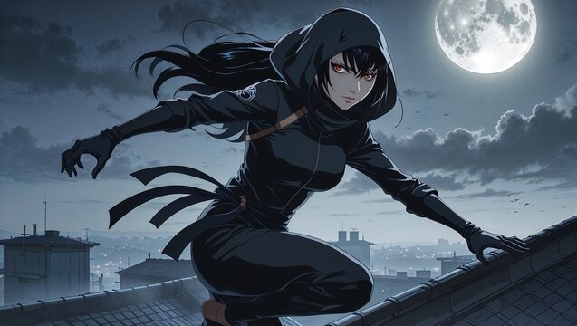 A stealthy female ninja in a black outfit leaps across rooftops in a dark city, illuminated by a full moon. Her intense gaze suggests determination as she navigates the urban landscape