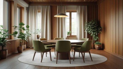 Wooden dining room with round table and green chairs