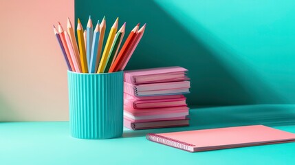 Fototapeta premium A vibrant collection of colored pencils in a turquoise cup, surrounded by stacked notebooks and pink stationery on a teal background.