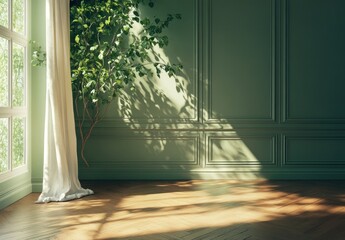 Sunny, empty room with green walls, plant, and sunlight