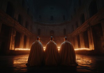 Contemplative Zen Meditation Monastic Ritual Performance in Sacred Stone Architecture - Immersive Spiritual Wellness Content for Mindfulness Branding