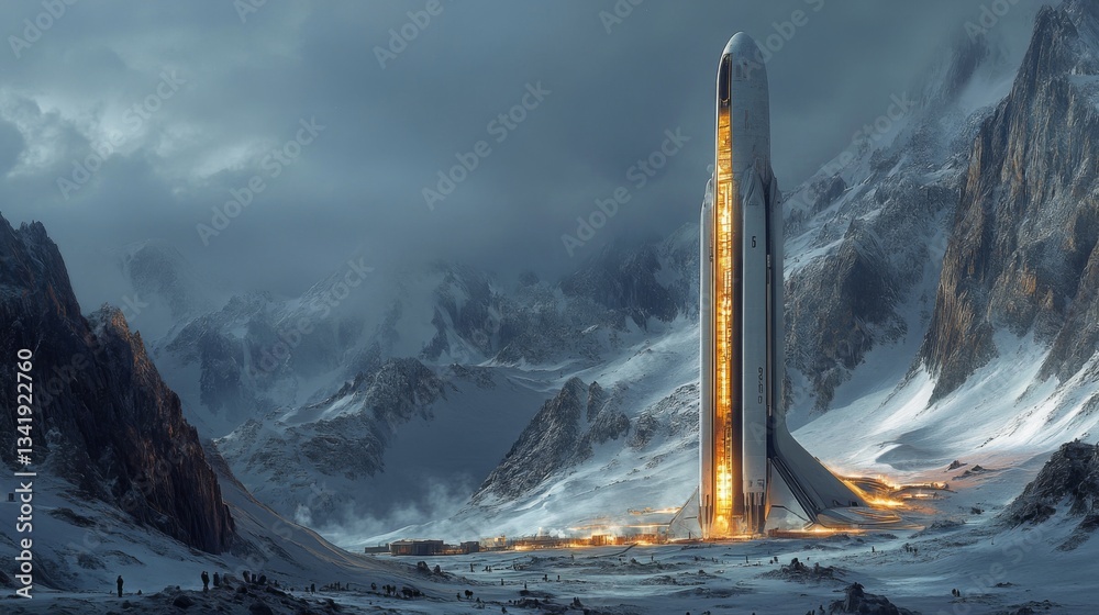 Aufkleber a hypersonic rocket stands ready for launch against a backdrop of towering mountains and twilight sk