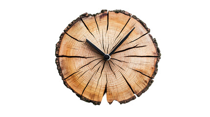 Naklejka premium The image features a round, wooden clock made from a tree trunk slice. The clock hands show the time.