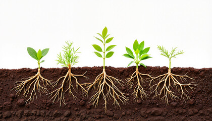 Detailed root systems of plants in soil, nature's growth patterns