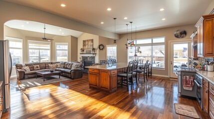 Fototapeta premium A spacious home with an open kitchen, high-end appliances, and a dining area, ideal for entertaining 