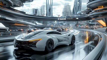 Fototapeta premium A futuristic white sports car speeding through a modern cityscape