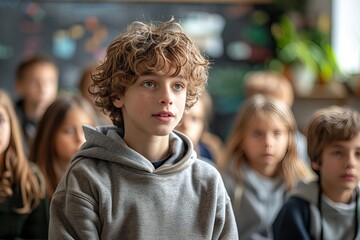 Young boy attentively listening during classroom activity with peers engaged in learning at a bright, modern school