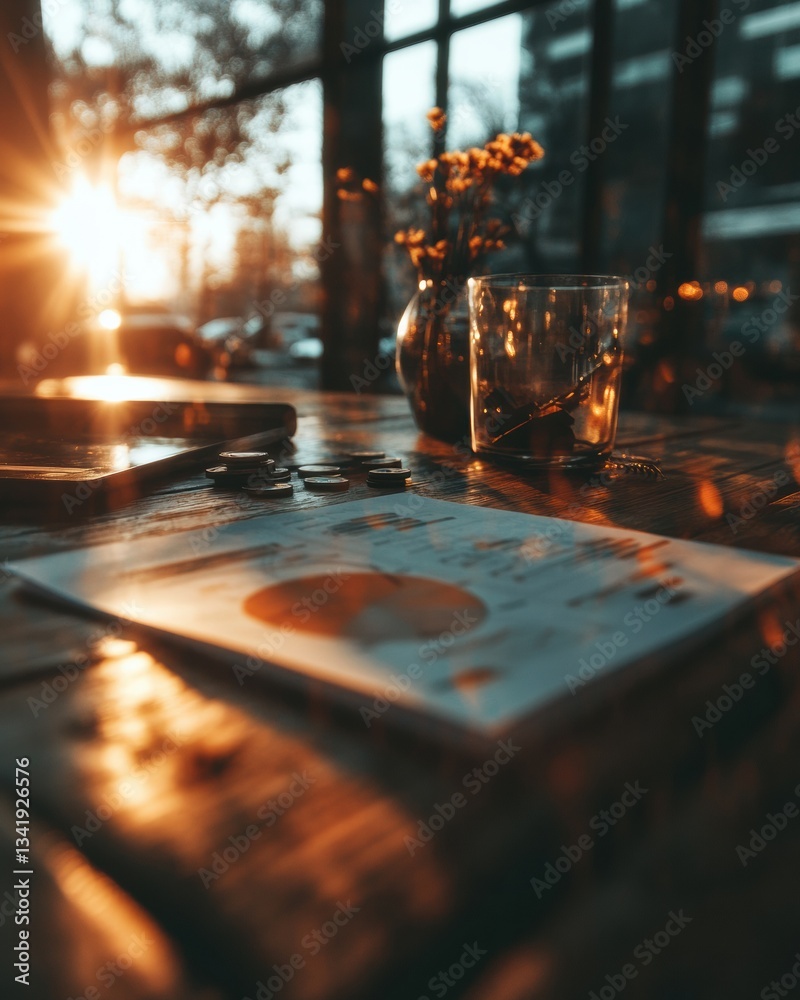 Fototapete Golden Hour Financial Strategy Warm Minimalist Workspace with Moody Analytics, Sunset-Illuminated Data Visualization for Modern Business Intelligence
