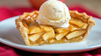 Vanilla ice cream apple pie dessert. Delicious apple pie topped with creamy vanilla ice cream.