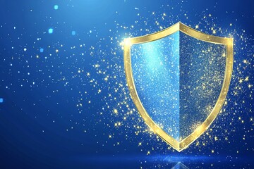 Fototapeta premium Sparkling Blue and Gold Glitter Shield Security Protection Safety Concept