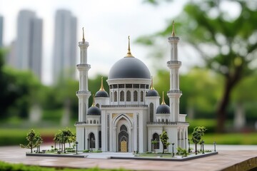 An intricately detailed miniature mosque model sits outdoors in a park setting