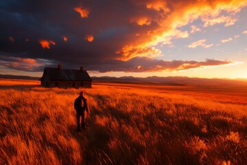 Fototapeta premium Man walks to shack in golden grass field during a dramatic sunset. Use travel